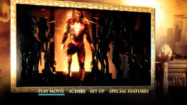 An Egyptian god in metallic animal form appears on the Gods of Egypt DVD main menu.