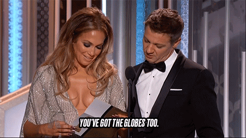 Jeremy Renner makes a Golden Globes/yabbos joke while presenting an award with 2019 contender Jennifer Lopez.