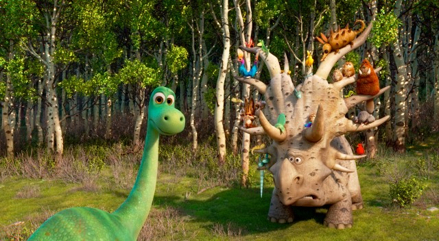 Among the dinosaurs encountered by Arlo is Forrest Woodbush, a Styracosaurus whose horns various animals call home.