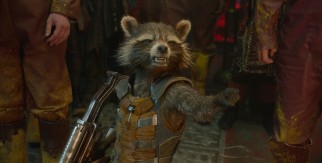 Sharp-tongued genetically engineered raccoon bounty hunter Rocket (voiced by Bradley Cooper) steals a number of scenes.
