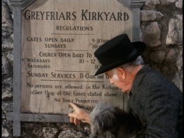 Kirkyard caretaker James Brown (Donald Crisp) tells Bobby, "Them's the rules!" forgetting that dogs can't read.