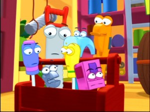 These seven bright colorful talking tools are Handy Manny's closest companions. Here, Squeeze (the pliers) voices her opinion on how to fix the spinning logo for "Renaldo's Pretzel Castle."