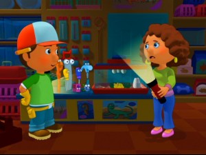 In "Blackout on the Block," Cassie (Mindy Burbano) explains to Manny (Wilmer Valderrama) and the tools why her baby chicks are freezing in what seems to be summer weather.