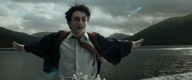 Harry Potter (Daniel Radcliffe) enjoys the excitement of a spontaneous flight on Buckbeak the hippogriff.