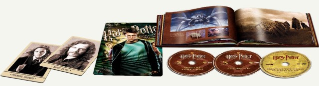 Warner's beauty shot of the contents of the Prisoner of Azkaban Ultimate Edition: Hermione and Sirius Black character cards, cover lenticular, hardcover creatures book, and three discs.