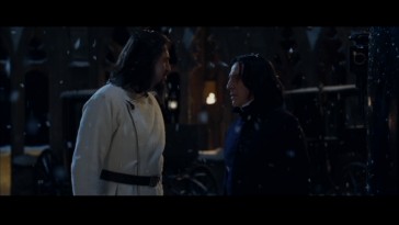 Karkaroff (Pedja Bjelac) and Snape (Alan Rickman) have a chat as snow falls outside of the Yule Ball in this deleted scene.