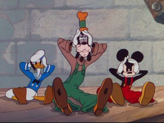 Donald, Goofy, and Mickey's cartoon-closing headache is one of the few "Clock Cleaners" gags surviving the under-3-minute "Have a Laugh!" version of the 1937 short.