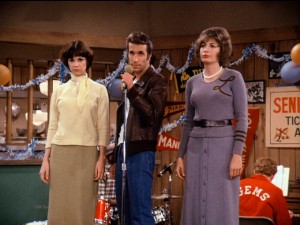 The one and only Arthur Fonzarelli (Henry Winkler) sings in between Shirley Feeney (Cindy Williams) and Laverne DeFazio (Penny Marshall). The female bottlecappers make three appearances in the third season of "Happy Days", setting up their own widely-viewed spin-off sitcom "Laverne & Shirley."