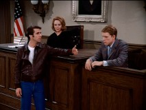 In "Two Angry Men", Fonzie represents himself, questioning Richie in front of the understanding Judge MacBride (June Lockhart).