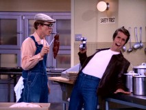Incognito as a Scandinavian exchange student janitor, Richie discovers not only meat fraud, but also Fonzie's extreme fear of liver in "The Muckrakers."