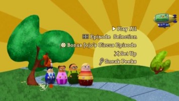 The Higglytown children stare at the rotating sun and a small blimp that just went away in the "To The Rescue" main menu.