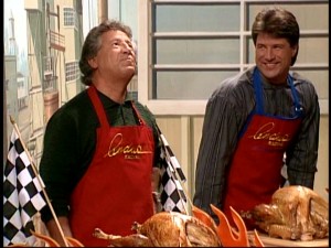 Mario Andretti (with son Michael) can't keep his hands off his turkey in the blooper reel.