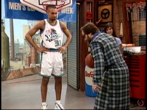 Al tries to dribble by a very lifelike Grant Hill in what Tim tells him is virtual basketball.