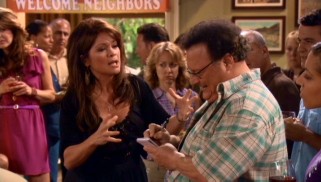 Mel (Valerie Bertinelli) tries to reformulate her insulting remarks for neighbor/columnist Rick (Wayne Knight) attending her party.