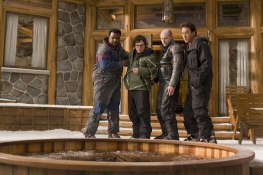 With some trepidation, Nick (Craig Robinson), Jacob (Clark Duke), Lou (Rob Corddry), and Andy (John Cusack) approach the hot tub time machine.