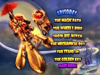 The rear cover image of Witchiepoo and Orson Vulture flying in the Vroom Boom adorns the static episode and extra menus.