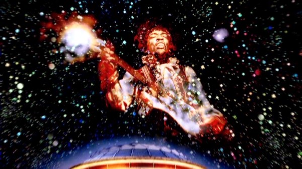 This painting of Jimi Hendrix in the starry universe makes for a powerful near-closing image.