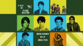 The "I Heart Jonas" DVD's colorful main menu changes headshots within each cube as the show's theme song blares.