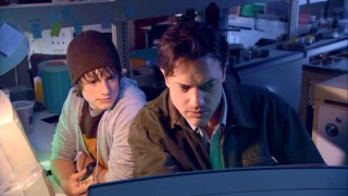 In Trevor's lab, he (Brendan Fraser) and his nephew (Josh Hutcherson) check out the tectonic situation.