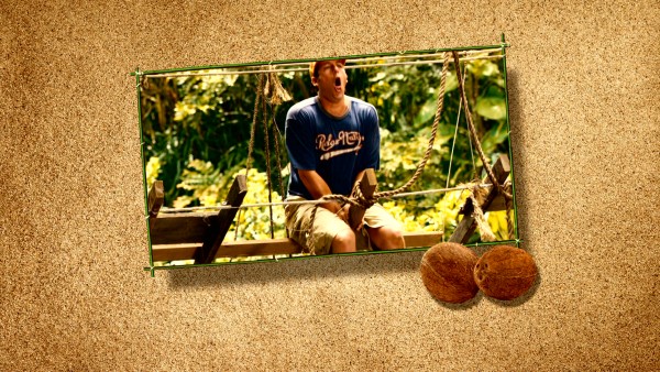 In the name of comedy, Adam Sandler takes one in the coconuts as part of the Blu-ray's menu montage of "Just Go With It" film clips.