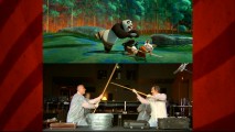 Goofy men in white make the sounds of Shifu and Po's training session.