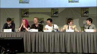 "Kick-Ass" cast and crew members are more than pleased with the Comic-Con crowd's reaction to a clip. From left to right, they are director Matthew Vaughn, screenwriter Jane Goldman, comic authors Mark Millar and John Romita Jr., and actors Clarke Duke and Christopher Mintz-Plasse.