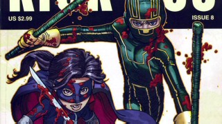 "It's On! The Comic Book Origin of 'Kick-Ass'" shows the original Kick-Ass and Hit Girl appropriately blood-splattered as envisioned by John Romita Jr.