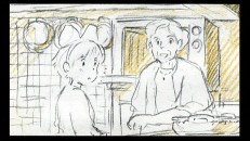 Kiki shares a tender moment with elderly client Madame in Disc 2's rough black & gold storyboard presentation of the entire film.