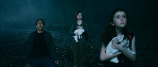 Falling to their knees and holding bunnies, Nicolas Cage and young co-stars Chandler Canterbury and Lara Robinson are shocked by what they see outside in "Knowing."