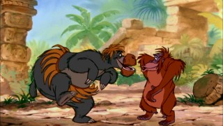 Baloo (feebly disguised as a female orangutan, thanks to coconut and bamboo) and King Louie make for one rollicking scat duo in the outstanding musical number "I Wan'na Be Like You."