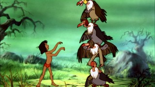 One can't help but think that cramped framing -- as seen in the vultures' totem pole stance for Mowgli -- was not a deliberate move made by Disney animators.