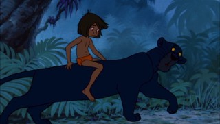 Mowgli goes for a nighttime ride on Bagheera's back. Even in a darker, more muted scene like this, the film looks terrific on this Platinum Edition DVD.