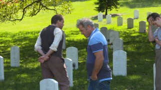 Mel Gibson directs Hugo Weaving and Andrew Garfield in a cemetery scene in making-of documentary "The Soul of War."
