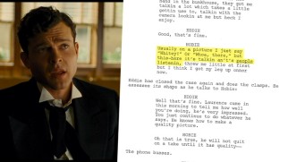 Alden Ehrenreich sticks to the Coen brothers' script, as this film-to-screenplay split-screen shows.