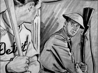 An artist's rendering of the career change Hank Greenberg made from Detroit Tigers slugger to World War II U.S. Army draftee.