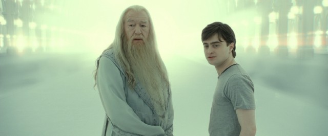 Harry Potter (Daniel Radcliffe) reconnects with deceased Hogwarts headmaster Albus Dumbledore (Michael Gambon) inside his head, for real.