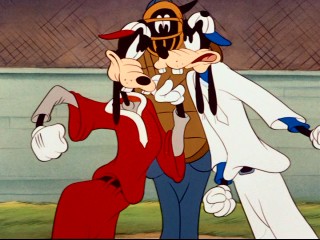 Two Goofys argue over a close call at home plate that Umpire Goofy will have to make.