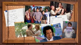 The Heavyweights Blu-ray menu places cast photographs on a camp-like bulletin board.