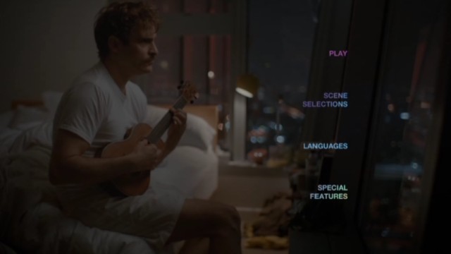 Theodore Twombly (Joaquin Phoenix) plays uke on the Blu-ray and DVD's appealing, unusual menu.