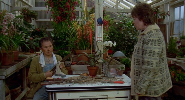 Frances Lacey (Kathy Bates) talks widowed nursery owner Mr. Munimura (Soon-Tek Oh) into giving her land in exchange for her family's labor.