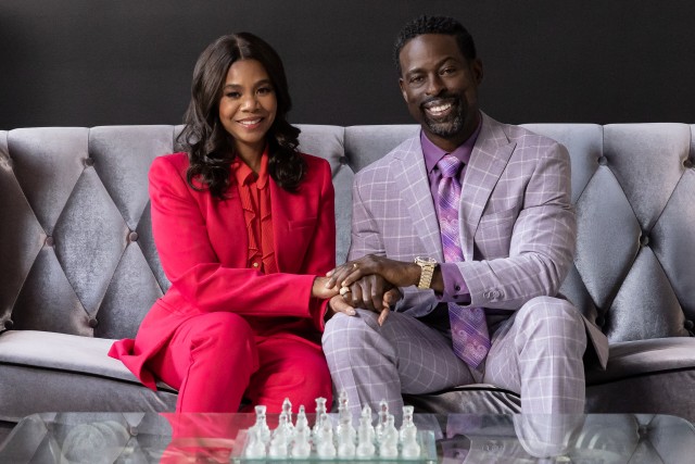 First Lady Trinitie (Regina Hall) and Pastor Lee-Curtis Childs (Sterling K. Brown) are all smiles as they try to revive their disgraced Baptist megachurch in the black comedy "Honk for Jesus. Save Your Soul."
