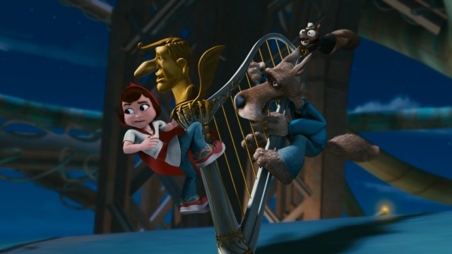 Red, Wolf, and Twitchy Squirrel cling to Jimmy 10-Strings as they take a tumble out of The Giant's nightclub.