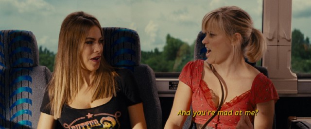 Burned-in English subtitles translate when these bilingual ladies (Sofia Vergara and Reese Witherspoon) take their bickering into Spanish.