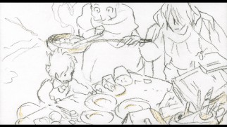 Grandma Sophie serves Markl and Howl breakfast in rough storyboard form.
