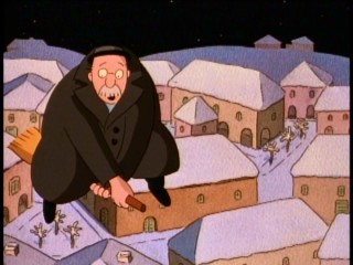 Evil Mr. Grimm (voiced by Tony Randall) isn't at ease flying on Granny Rose's broomstick.