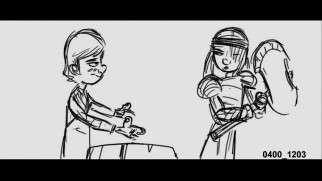 Astrid looks around while apprentice Hiccup sharpens a sword in this deleted scene.
