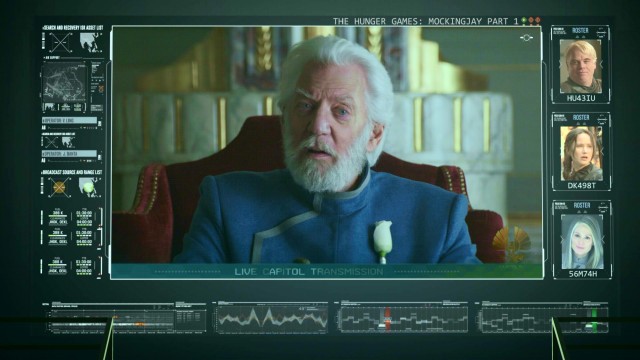 The Blu-ray menu for "The Hunger Games: Mockingjay, Part 1" looks like a live Capitol transmission from President Snow (Donald Sutherland).