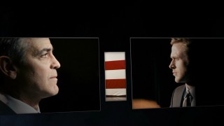 Clooney and Gosling face off with the American flag between them on the Blu-ray's menu montage.