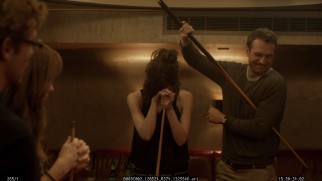 Rafe Spall's pool cue preparations cause the cast to lose it in the blooper reel.