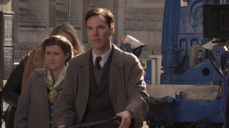 Behind-the-scenes footage from "The Making of 'The Imitation Game'" shows Benedict Cumberbatch about to ride a bike for the movie cameras.